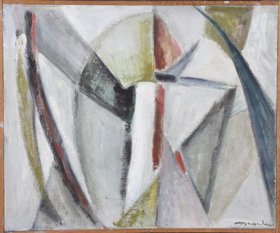 painting of abstract shapes in a wooden frame on a wall