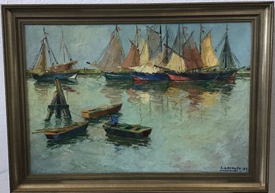 a painting of boats in the water with a man standing on one of them