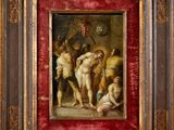 an oil painting of a group of naked men in a room