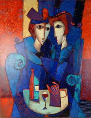 tableau représentant deux femmes coiffées de chapeaux et une bouteille de vin