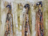 painting of three women with umbrellas standing in front of a wall