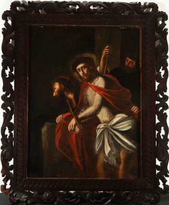 un tableau représentant Jésus sur la croix, avec une femme tenant un bâton