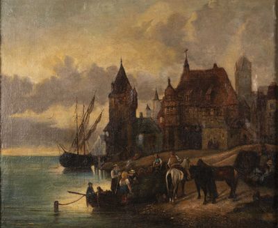 une image représentant un tableau montrant des personnes sur une plage près d'un château