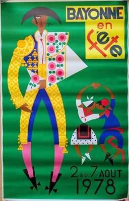 an image of a poster with a man in a yellow jacket and a woman in a blue dress