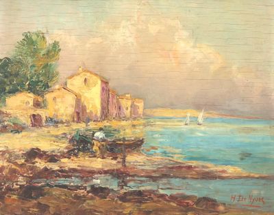 une image d'une peinture représentant une scène de plage avec un bateau dans l'eau