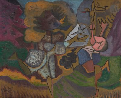 une peinture accrochée au mur d'un immeuble, représentant un homme et une femme