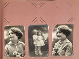 three black and white photos of a young girl with a teddy bear