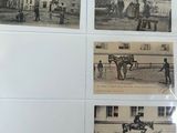 several old photos of horses and carriages in front of a building