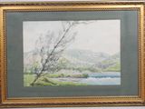 painting of a landscape with a river and mountains in the background