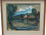 une image représentant un tableau où l'on voit une rivière avec une maison au loin