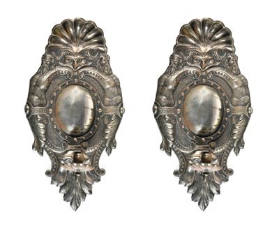 pair of antique silver plated wall sconces with mother of pearl in center