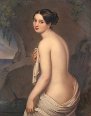 tableau représentant une femme nue enveloppée dans une serviette blanche au bord de l'eau