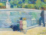 a painting of two people and a dog by a pool