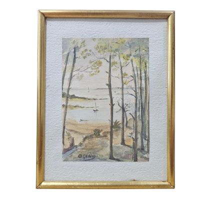 watercolor painting of a beach scene with trees and a boat