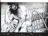 dessin représentant un homme assis sur un lit avec un chien