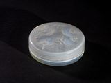 a glass container with a horse on it on a black surface