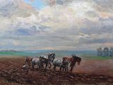 un tableau représentant un homme labourant un champ avec des chevaux