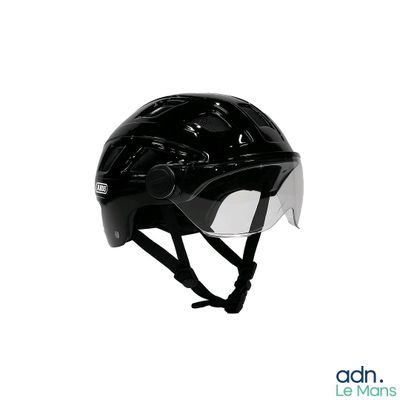 a black helmet with a clear visor on a white background