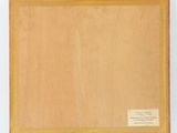 a painting of a wooden frame with a label on it