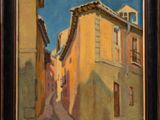 an oil painting of a street scene with buildings in the background
