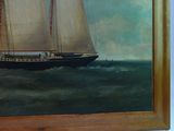 an oil painting of a sailboat in the ocean on a blue background