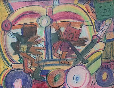 a painting of a man driving a car with a dog in the back