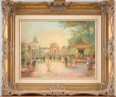 an oil painting of a city street scene with people walking by