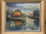 an oil painting of a river scene with a bridge in the background