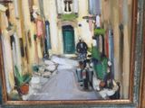 painting of a street scene with a man on a motorbike and a woman on a scooter