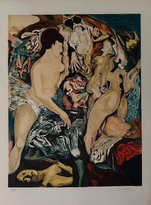 a painting of a woman sitting on a bed with other people