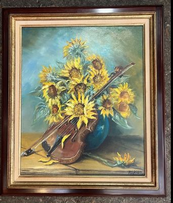 a painting of a violin and sunflowers in a vase