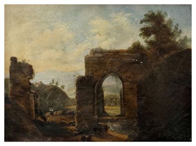 an image of a painting of a stone arch in a rural landscape