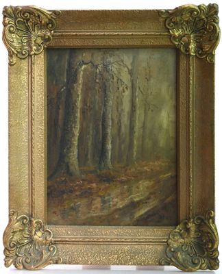 an oil painting of a forest scene with trees in the foreground
