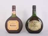 two bottles of wine sitting next to each other on a white surface