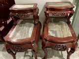 pair of antique carved wood end tables with marble top