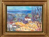 un tableau représentant un paysage avec des maisons et des arbres, dans un cadre doré