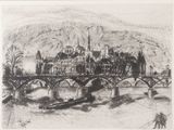 dessin représentant un pont enjambant une rivière, avec un château en arrière-plan