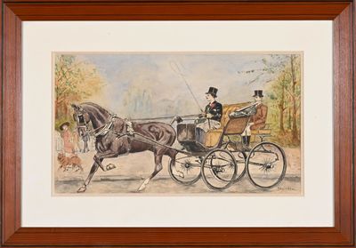 painting of a horse pulling a carriage with a man in a top hat