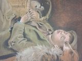 a painting of a boy laying on the ground with a dog