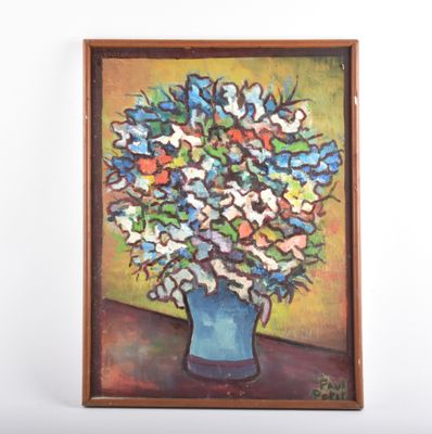 tableau représentant un vase de fleurs posé sur une table devant un mur blanc