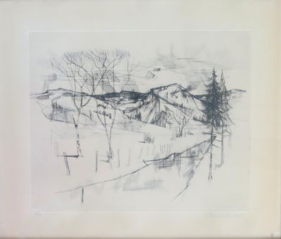 dessin représentant un paysage enneigé avec des arbres et des montagnes en arrière-plan