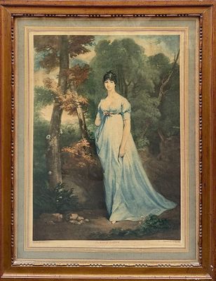 tableau représentant une femme en robe bleue debout dans un bosquet