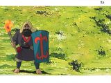 a cartoon picture of a man dressed as a knight holding a sword