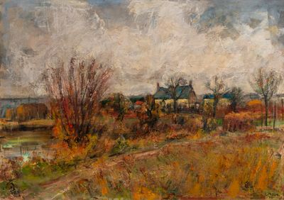 painting of a painting of a landscape with a house in the distance