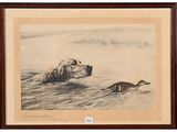 tableau représentant un chien et un canard dans l'eau
