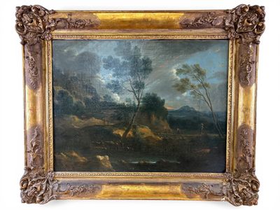 une peinture à l'huile représentant un paysage avec une rivière et des arbres