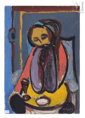 peinture d'une femme assise sur une chaise avec une assiette de nourriture