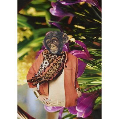 une image représentant un singe portant une veste et une écharpe, perché au sommet d'un arbre