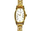 an image of a gold wrist watch with a white face