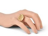 an image of a woman ' s hand with a gold ring on it